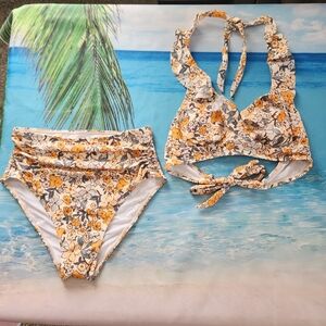 Cupshe Women's Cream, Peach, Teal 2 Piece Bathingsuit.